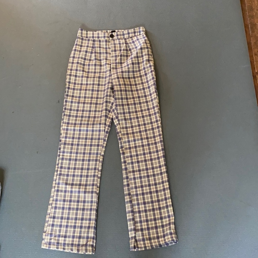 Plaid straight pants high waisted